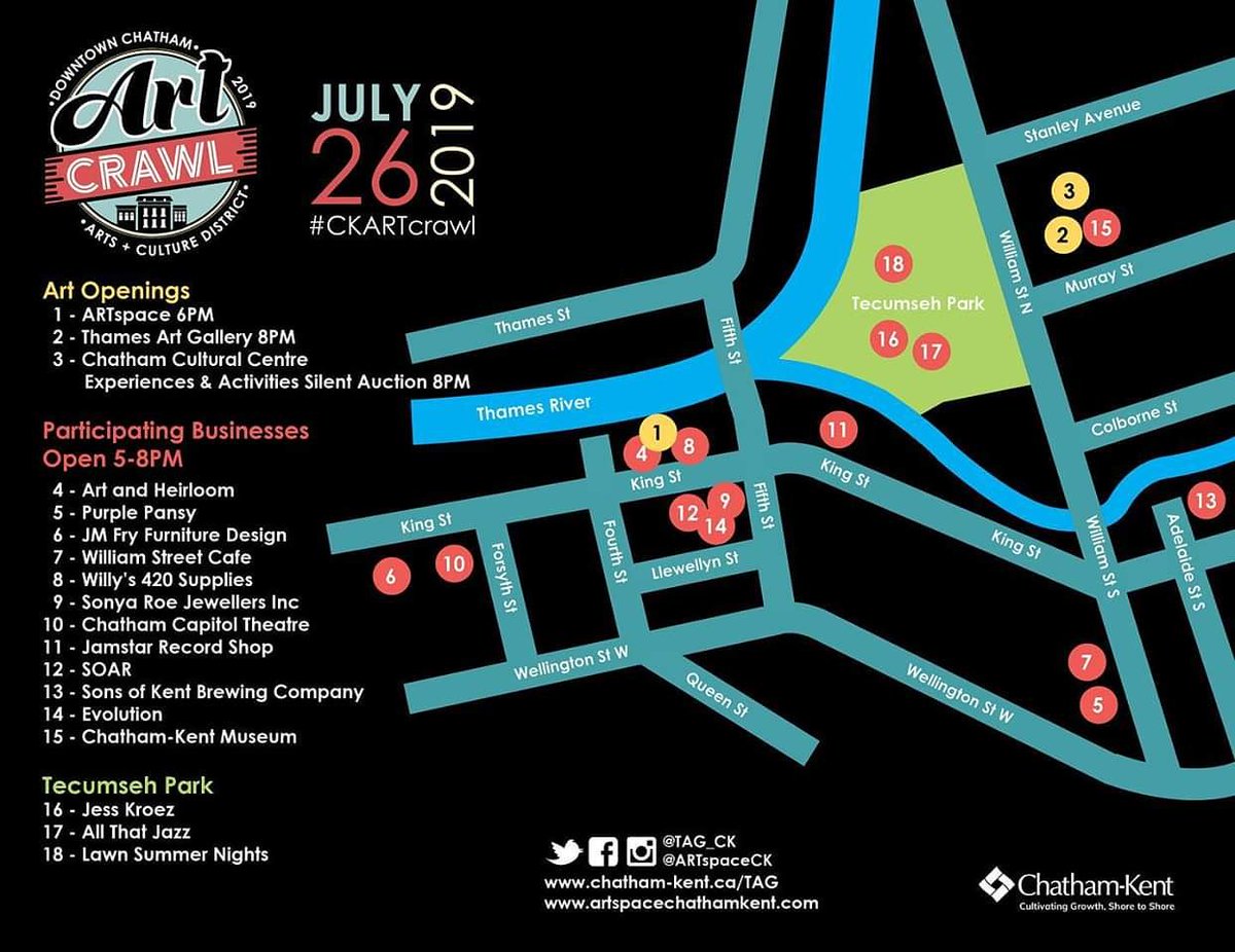 Mark the Summer ARTcrawl on your calendar for July 26th! As part of ARTcrawl the CCCA Auction will be coming to an end from 8-9pm @ Thames Art Gallery! Check out the amazing items for bid at chathamcca.ca #chathamcca