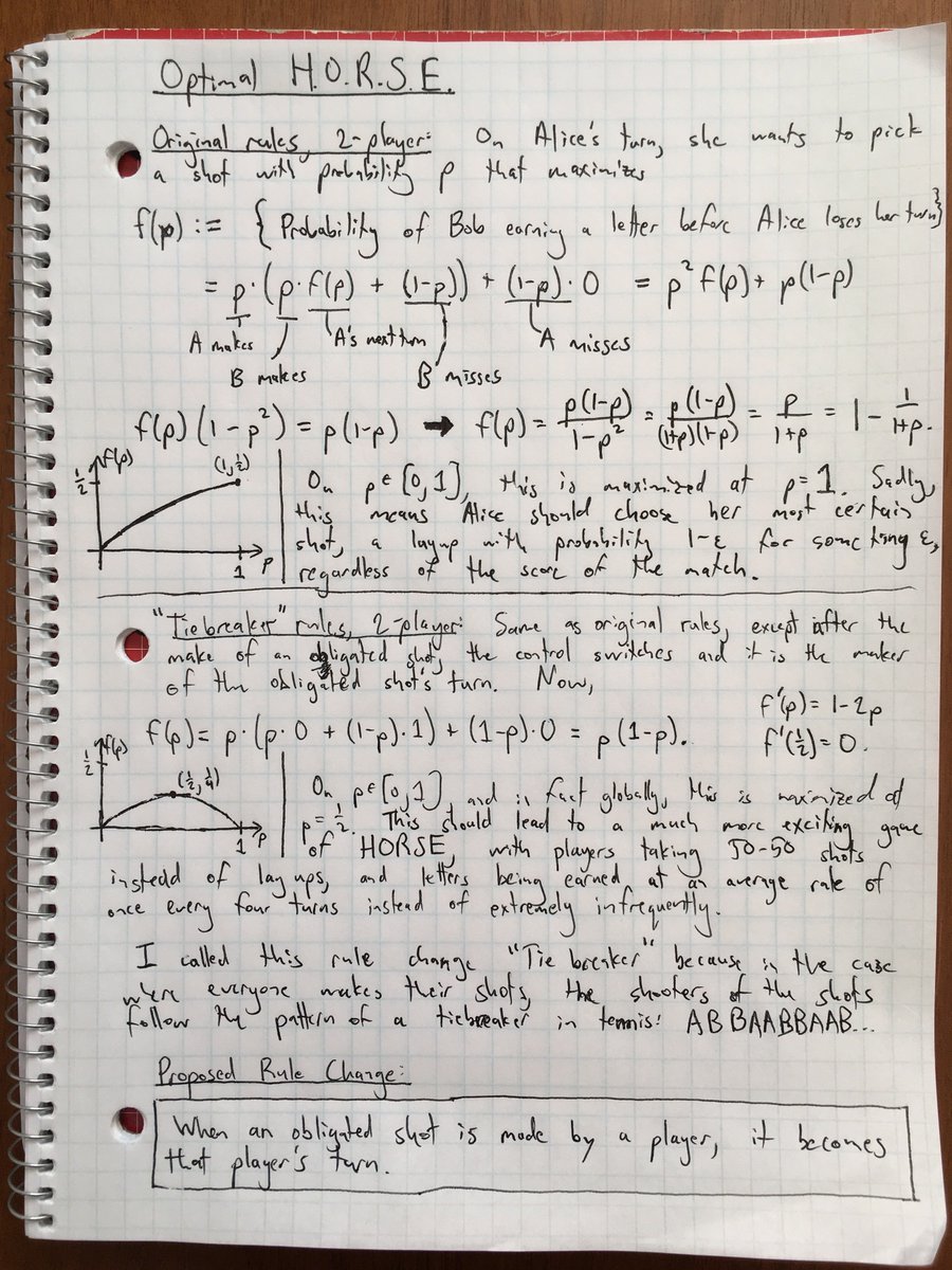 SawyerTabony's tweet photo. While computing the optimal strategy for the game of HORSE 🏀 for this week's #538Riddler from @ollie I also optimized the rules of the game! Proposed improvement: if a player makes an obligated shot, it becomes their turn. #riddlernation https://t.co/wRtumYTHw3
