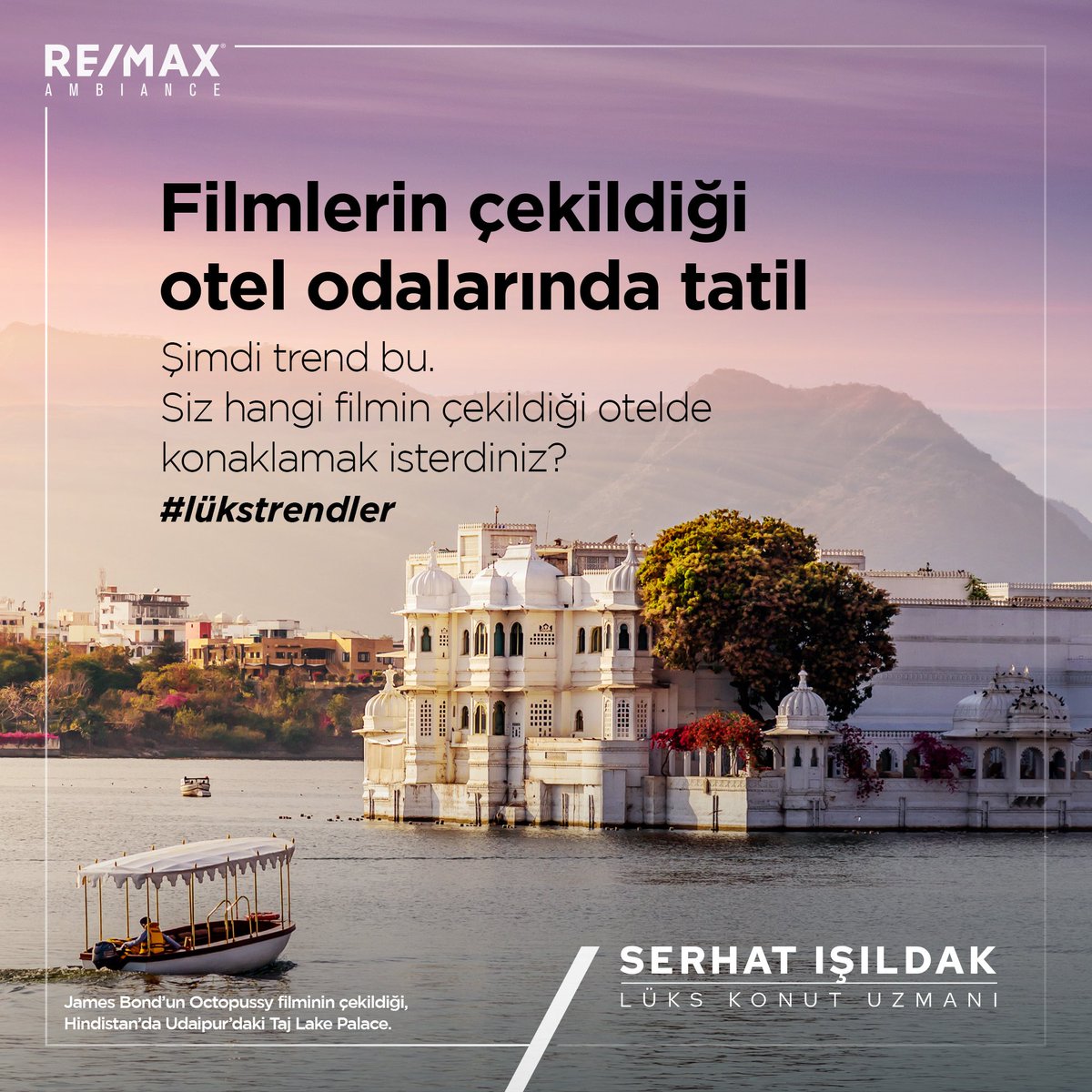 serhatisildak's tweet photo. Benim favorim; Hindistan Udaipur’daki Taj Lake Palace.Pichola Gölü’nün ortasında.James Bond’un Octopussy filminden hatılarsınız.Bir de Angelina Jolie ile Johnny Deep’in oynadığı Turist filmindeki otel var,o da favorilerimden biri. #remaxambiance #remax
#lükskonut #serhatışıldak https://t.co/8XW1hgMEMK