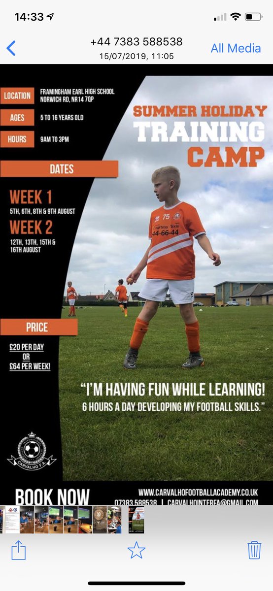 Summer Holiday football training £20 per day or £64 per week