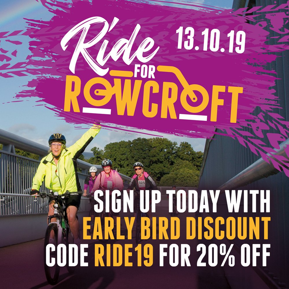 We are offering a 20% discount on Ride For Rowcroft sign-ups before Sunday 18th August. Use the discount code RIDE19 when you purchase your tickets online. 

Don’t miss out on the Early Bird discount! Click here to sign up: bit.ly/2JzE6lq

#Ride4Rowcroft 🚲
