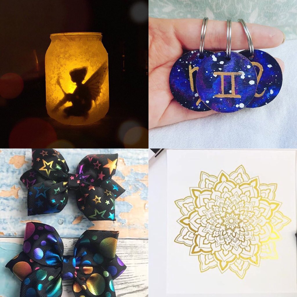✨Products for the fair on Saturday!✨
We have some great gift ideas, products and more
-
Fairy jar by Gems creations
Keyrings by SimpleSilhouetteArt 
Hair bows by Foxyscreations
Mandalas by <a href="/IllustrationAj/">AJIllustration</a> 
-
#artwork #newportwales #southwales #keyrings #craftfair #eventswales