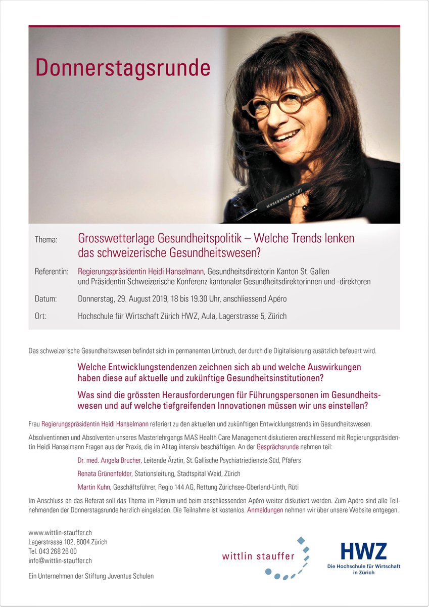 Wie krank ist eigentlich unser Gesundheitswesen? Donnerstagsrunde: 29. August 2019, 18.00–20.00 Uhr, in der Aula der <a href="/fhhwz/">HWZ Fachhochschule</a>. Jetzt anmelden: eveni.to/donnerstagsrun…

#gesundheitswesen <a href="/chparlament/">Schweizer Parlament</a> <a href="/tagesanzeiger/">Tages-Anzeiger</a> <a href="/NZZ/">NZZ</a> <a href="/srfnews/">SRF News</a> <a href="/JuventusSchulen/">Juventus Schulen</a> <a href="/StephanOgg/">Stephan Ogg</a> <a href="/Blickch/">Blick </a>