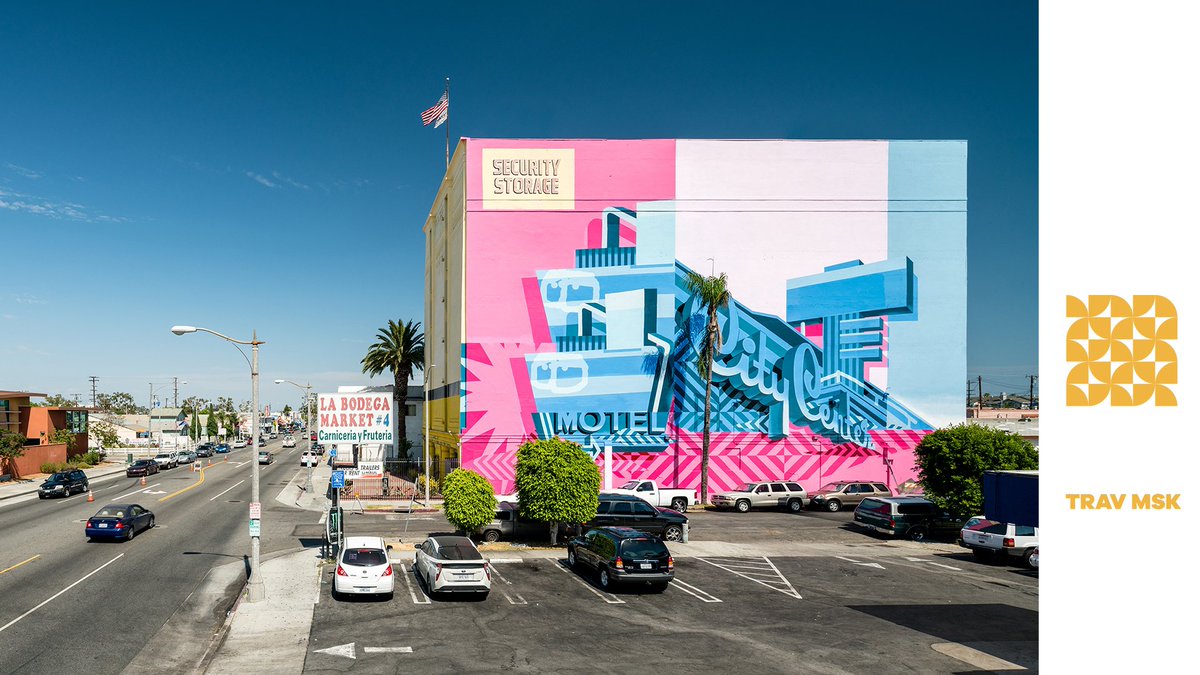 UpHere's tweet photo. TRAV MSK. Un artiste urbain prolifique inspiré par des vieilles enseignes fantaisistes des années 50 et 60 et des motifs géométriques colorés. Ses visites à Los Angeles comme enfant et la culture de graffiti dans la ville ont formé son esthétique artistique. #UpHere5 https://t.co/JXT4wUBqJq