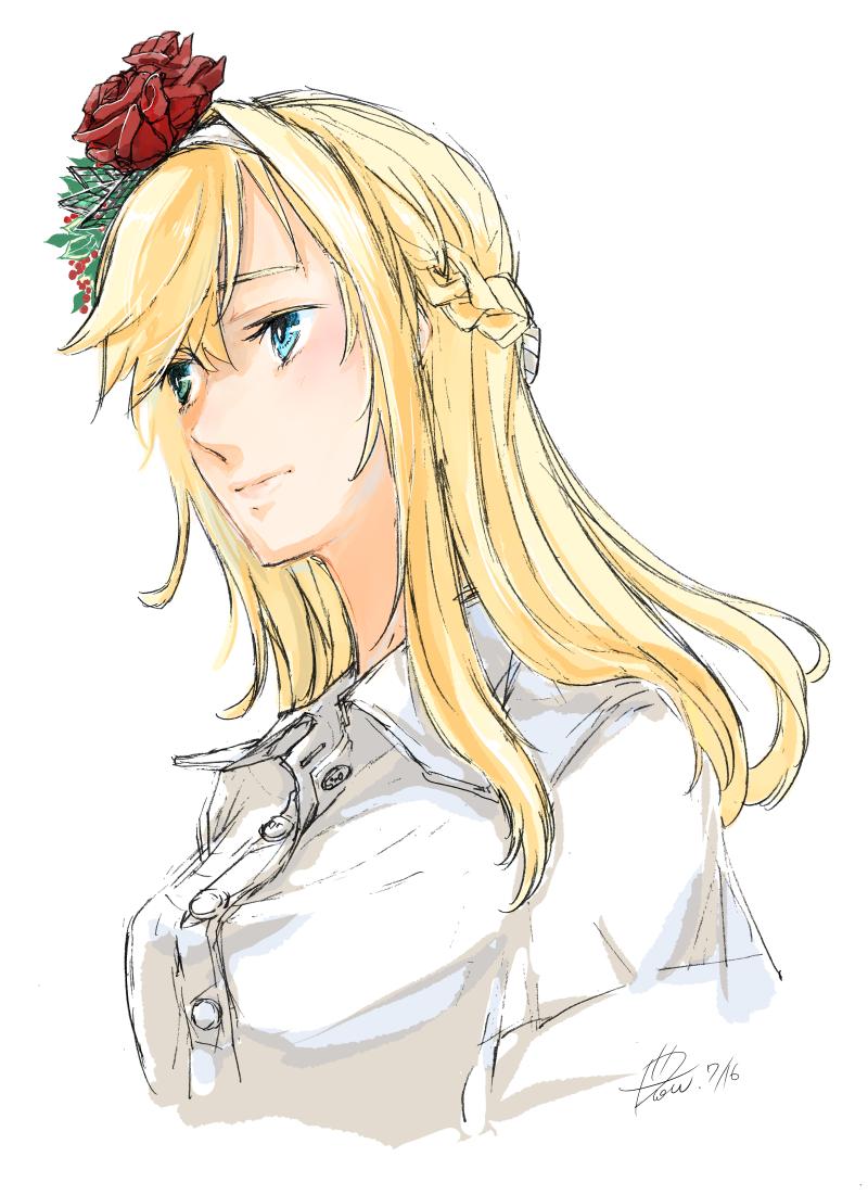 warspite (kancolle) 1girl solo shirt flower blonde hair white shirt braid  illustration images