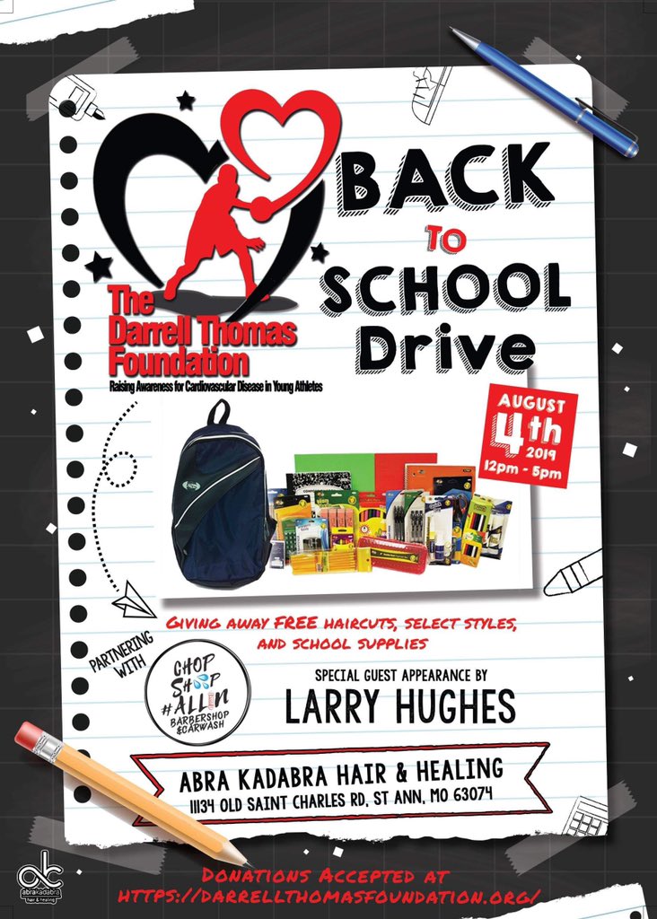 LHbballacademy's tweet photo. Spread the word!! August 4th The Darrell Thomas Foundation that raises awareness about cardiovascular disease in young athletes is holding a back to school drive! They will be giving away free haircuts (select styles) and school supplies. https://t.co/dzS49rb1oK