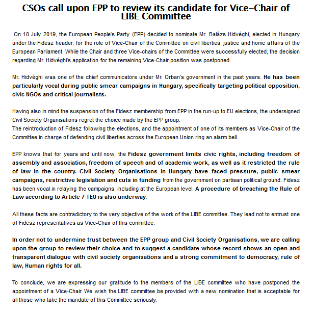 AEDH_EU's tweet photo. We civic actors call upon @EPPGroup to review choice for @EP_Justice Vice-Chair and suggest a candidate whose record shows an open and transparent dialogue with #civilsociety organisations and strong commitment to democracy.

#LIBEViceChair https://t.co/VgByxBti4M