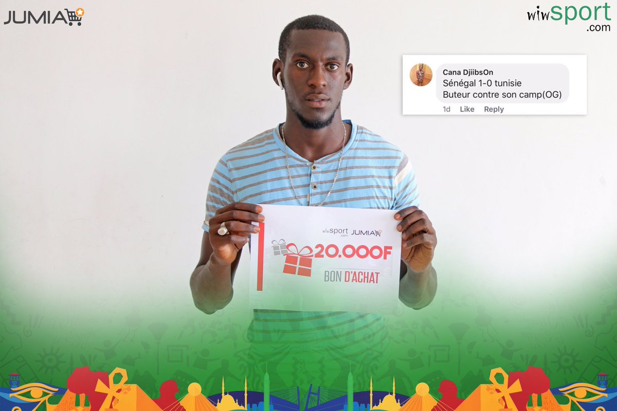 Pronostic 🇸🇳-🇹🇳
Bravo à CanaDjiibson (sur Facebook), qui remporte 2 bons d’achat de 10.000FCFA!
Merci à notre partenaire @JumiaSN.
#SunuCAN #CAN2019