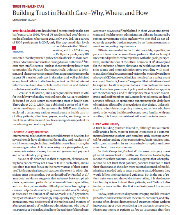 MuinJKhoury's tweet photo. Trust in US health care has declined precipitously in the past half century. Read @JAMA_current highly informative 2019 viewpoints that explored trust &amp; emerging themes among various constituents including patients, clinicians, payers, media, and others. https://t.co/nuCxZGm2pv https://t.co/DcfYmb6wIs