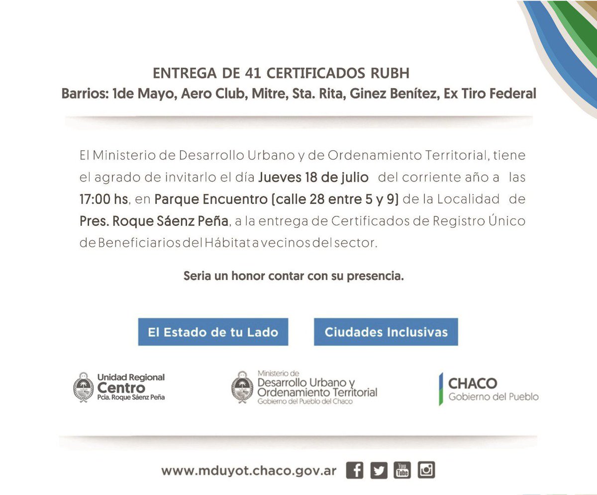 URCentro's tweet photo. #SáenzPeña ➡️ Por directivas de @domingopeppo, a través del Min. Des. Urbano y Ordenamiento Territorial, que dirige @gmonzonchaco, este 📆 18/07, desde las 🕔 17hs.,🔻en Parque del Encuentro, se hará entrega de Certificados RUBH a vecinos de distintos barrios.

@BojanichJulio https://t.co/jhFVR1koLl