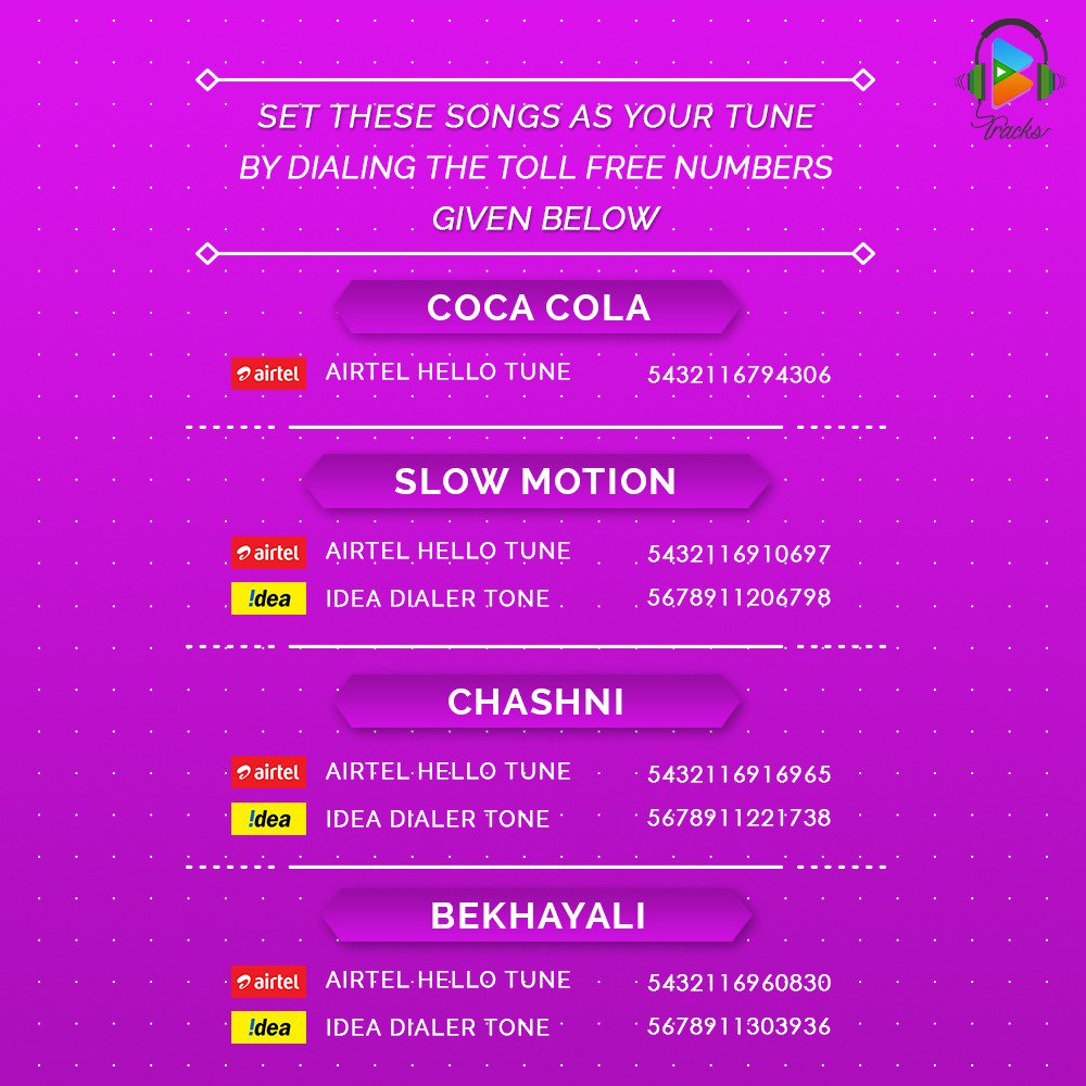BuzzingTracks's tweet photo. To set songs from Kabir Singh, Bharat and Luka Chuppi as your Tune, dial the toll-free numbers now!
#Bollywood https://t.co/joWkEdeXJq