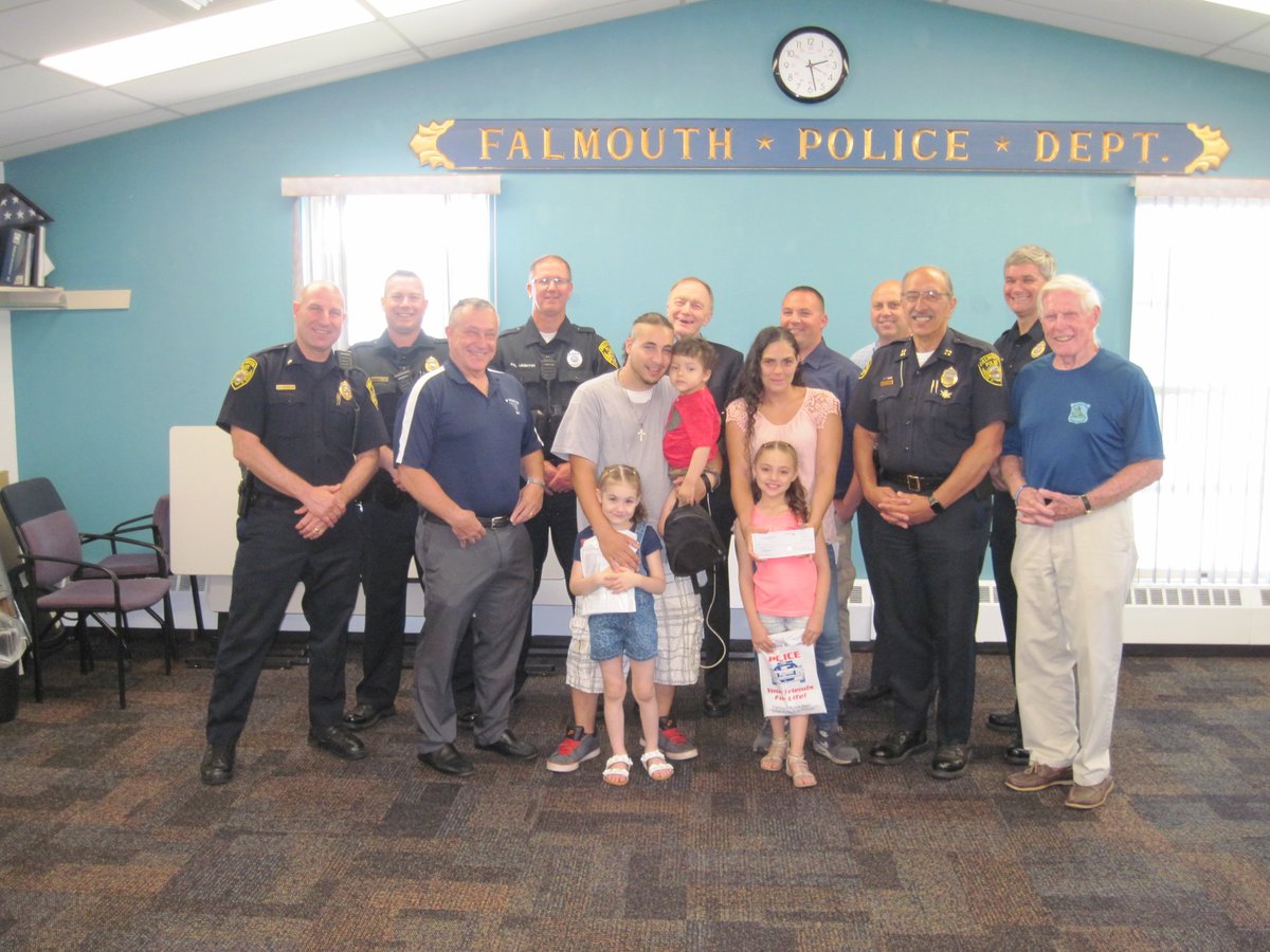 On 7-15-2019, Cops For Kids With Cancer went to the Falmouth Police Department and gave a $5,000.00 donation to the family of Tristan Velez, a 3 year old boy from Falmouth, who has brain cancer.