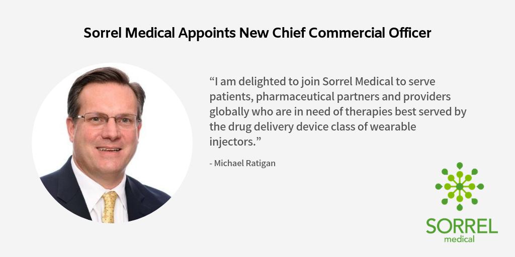 SorrelMedical's tweet photo. Sorrel Medical is pleased to announce the appointment of Michael Ratigan, #drugdelivery business development veteran, as new Chief Commercial Officer! https://t.co/fUzSkJ1Aft https://t.co/pYKQt1Fy9v