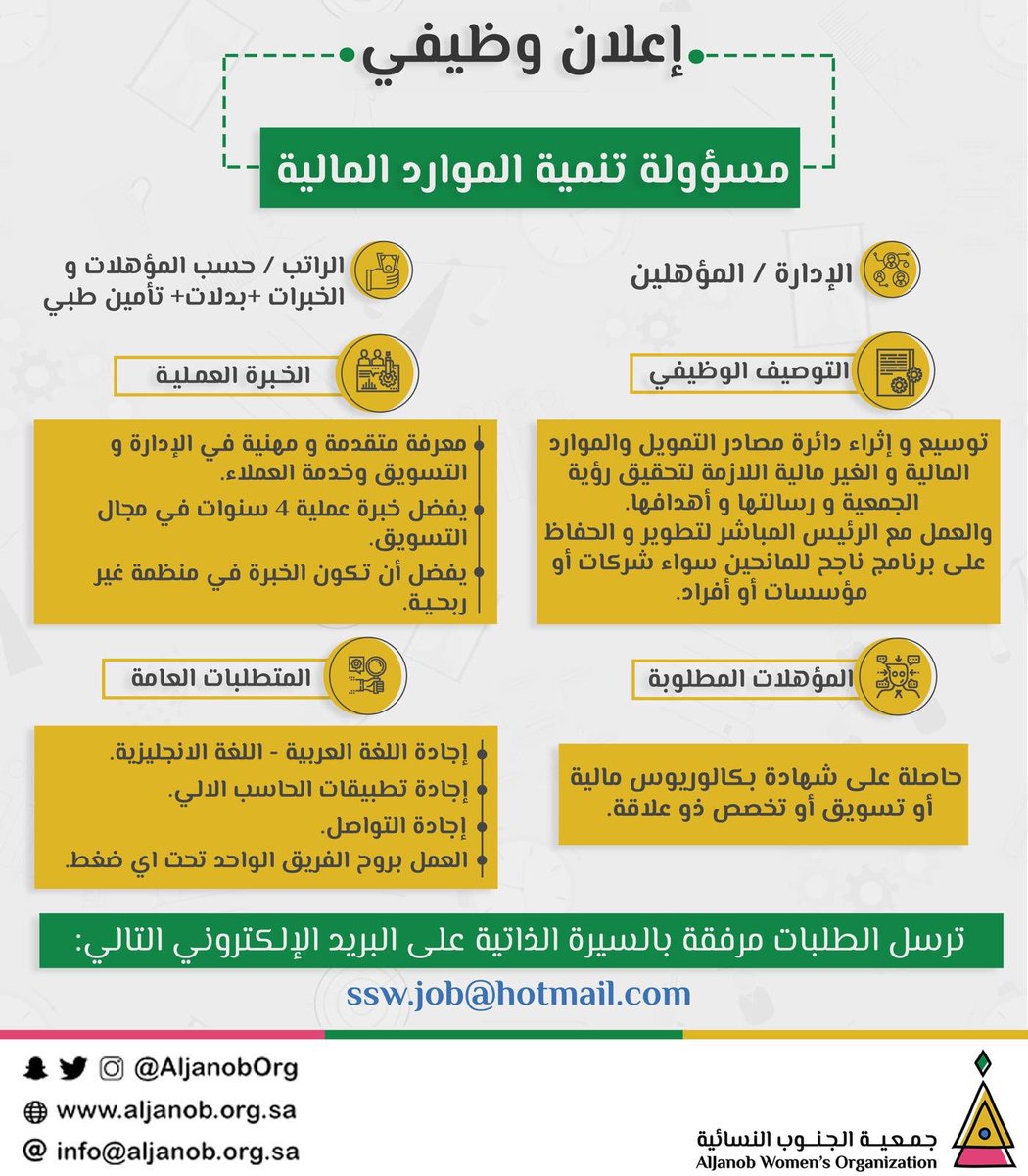 ØªØ¹ÙÙ Ø¬ÙØ¹ÙØ© Ø§ÙØ¬ÙÙØ¨ Ø§ÙÙØ³Ø§Ø¦ÙØ© Ø¨ #Ø£Ø¨ÙØ§ Ø¹Ù ØªÙÙØ± Ø´Ø§ØºØ± ÙØ¸ÙÙÙ ÙÙÙØ³Ø§Ø¡ ( ÙØ³Ø¤ÙÙØ© ØªÙÙÙØ© Ø§ÙÙÙØ§Ø±Ø¯ Ø§ÙÙØ§ÙÙØ© ) ØªØ±Ø³Ù Ø§ÙØ³ÙØ±Ø© Ø§ÙØ°Ø§ØªÙØ© Ø¹ÙÙ Ø§ÙØ§ÙÙÙÙ Ø§ÙØªØ§ÙÙ ÙØ¶ÙØ§Ù : ssw.job@hotmail.com #ÙØ¸Ø§Ø¦Ù_Ø§Ø¨ÙØ§ #ÙØ¸Ø§Ø¦Ù_ÙØ³Ø§Ø¦ÙØ© #ÙØ¸Ø§Ø¦Ù @aljanoborg