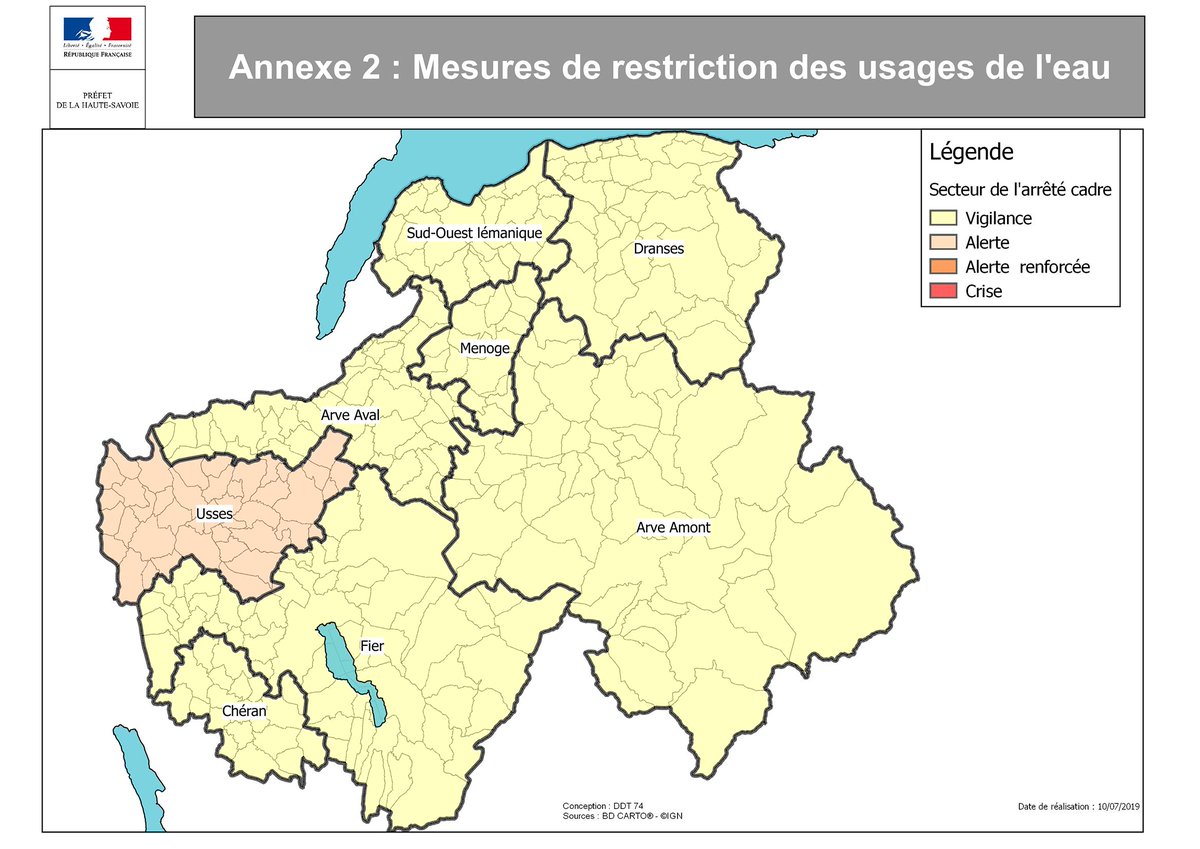 Prefet74's tweet photo. La #HauteSavoie touchée par la #sécheresse : l'ensemble du département est placée en vigilance et des mesures de restriction des usages non prioritaires de l’eau sont mises en place sur le secteur des #Usses. Infos &amp; consignes à respecter ➡️https://t.co/bHE8wt98Vy https://t.co/hVM9xgobl6