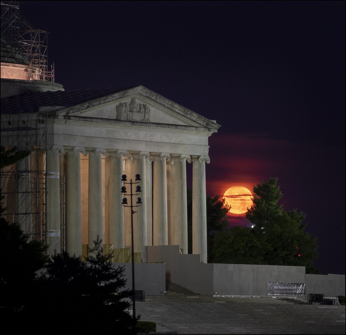 The Moon sets behind the Jefferson Memorial in Washington 50 years to the day after astronauts Neil Armstrong, Michael Collins, and Buzz Aldrin launched on Apollo 11, the first mission to land astronauts on the Moon. #Apollo50th -  flic.kr/p/2gA21u8
