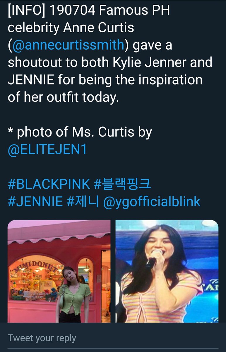 Filipino celebrity Anne Curtis Smith adopting the style and mentioning Jennie as her style inspiration for the outfit.