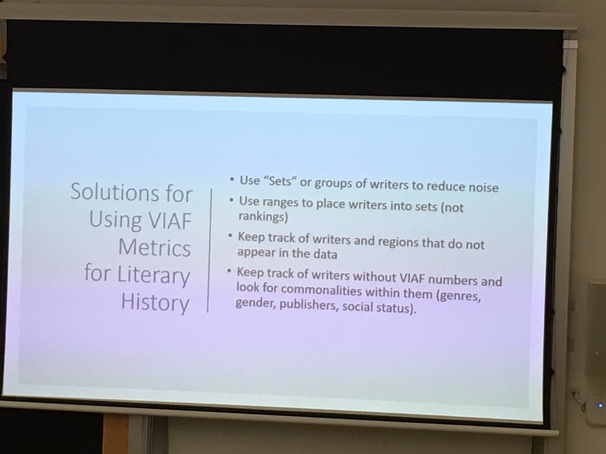 howet's tweet image. Melanie Conroy on problems to and solutions for using #VIAF metrics for literary history in Digitizing the Enlightenment #ISECS2019