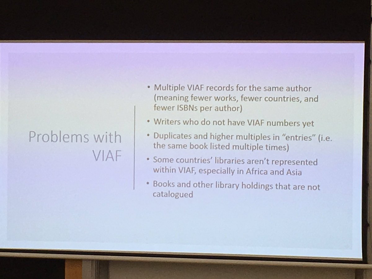 howet's tweet image. Melanie Conroy on problems to and solutions for using #VIAF metrics for literary history in Digitizing the Enlightenment #ISECS2019