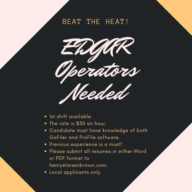 Larsen_Brown's tweet photo. Do you know ProFile HTML & GoFiler Complete? There is a need for your skills. Apply today!! EDGAR Operators needed for first shifts. Please submit resumes to henry@larsenbrown.com
#NYCjobs #GoFiler #ProfileHTML #EDGAR #LarsenBrown https://t.co/Azj8gMUzjE