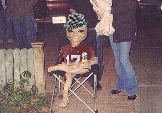 BarstoolAlabama's tweet photo. Taking the alien I rescued from Area 51 to his first tailgate https://t.co/GFPH4vYt3O