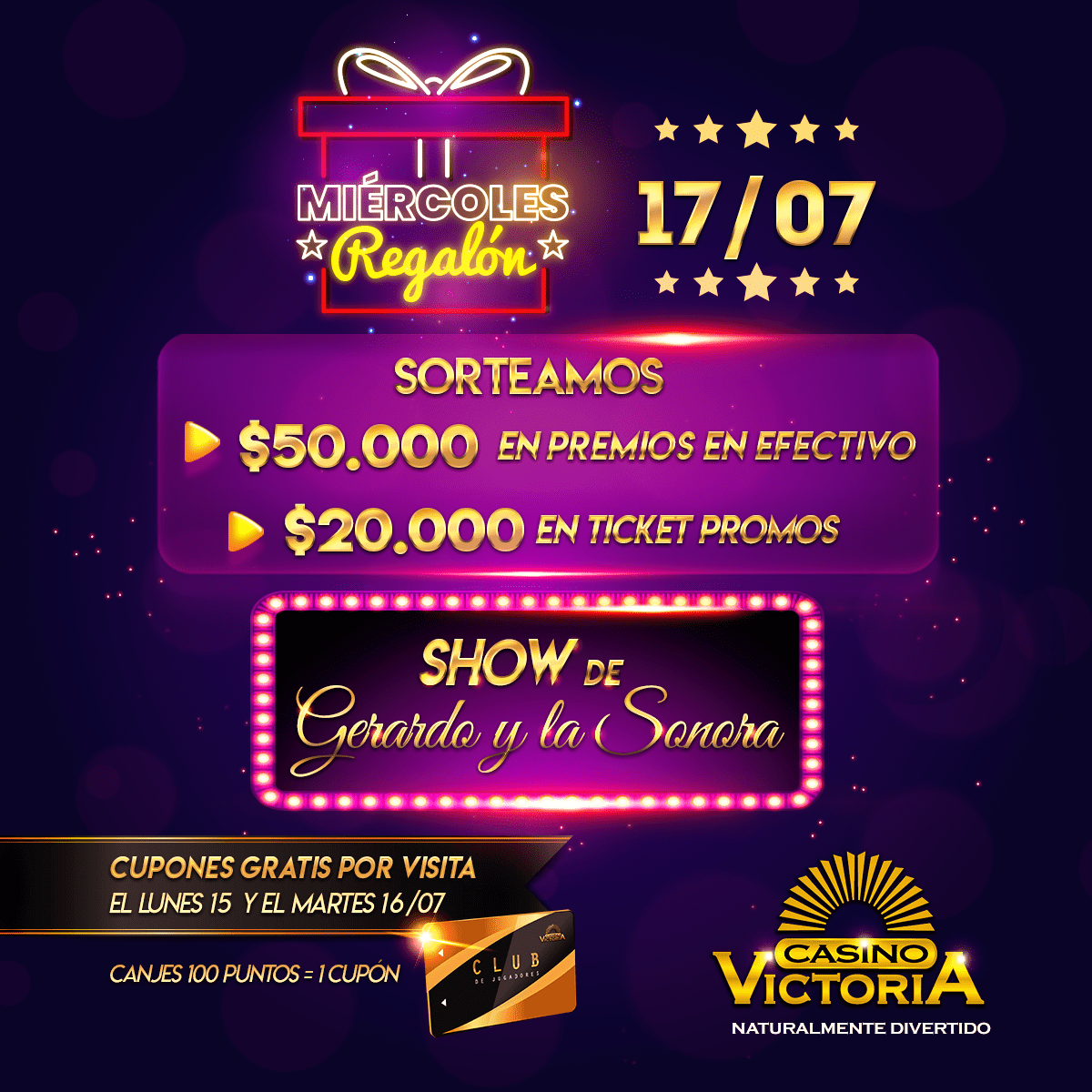 ¡Cortamos la semana con una noche para disfrutar y ganar en #CasinoVictoria!

Mañana 17/07 MIÉRCOLES REGALÓN 🎁🎁🎁