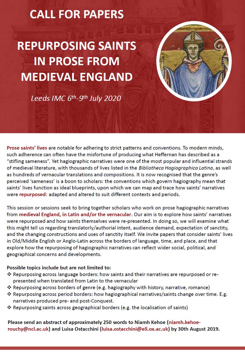 Another #cfp for #IMCLeeds2020 #MedievalTwitter! If you work on #OldEnglish #MiddleEnglish or #AngloLatin #saints lives, please do consider submitting an abstract for this panel, 'Repurposing Saints in Prose from Medieval England' organised by myself and @AngrySaxonist @IMC_Leeds