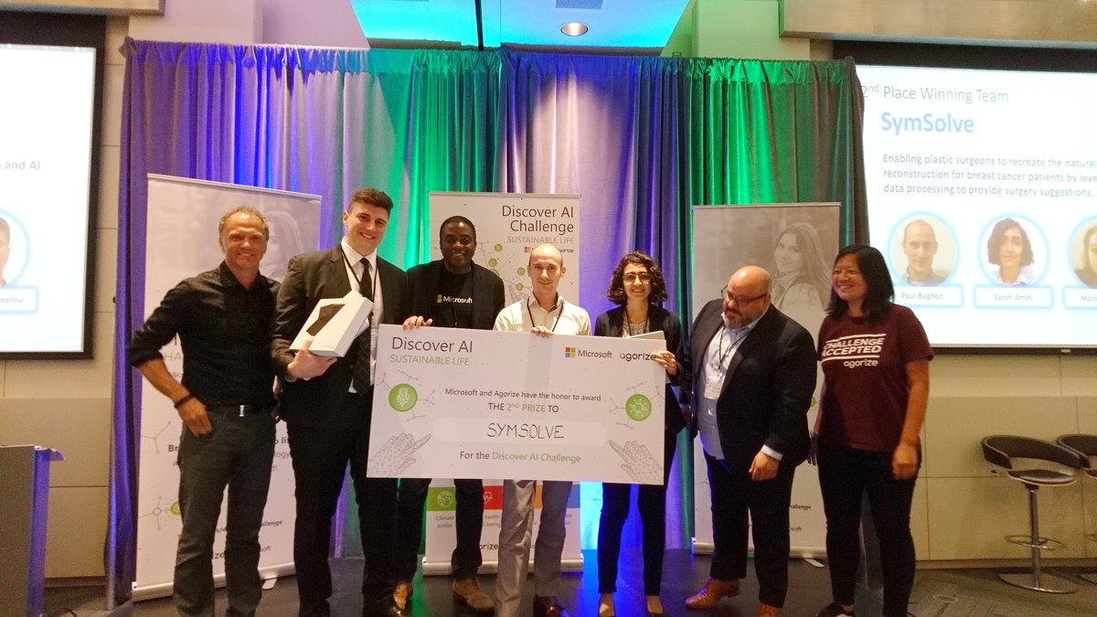 Concordia's tweet photo. Congratulations to @SolveSym for their 2nd place win at the #DiscoverAIChallenge 2019 hosted by @microsoftcanada & @agorize! https://t.co/Lz0PJ14Zsp 🎉🥳 Team members Paul Bugnon & Sara Amini are #Concordia students. https://t.co/SselWNpjLk