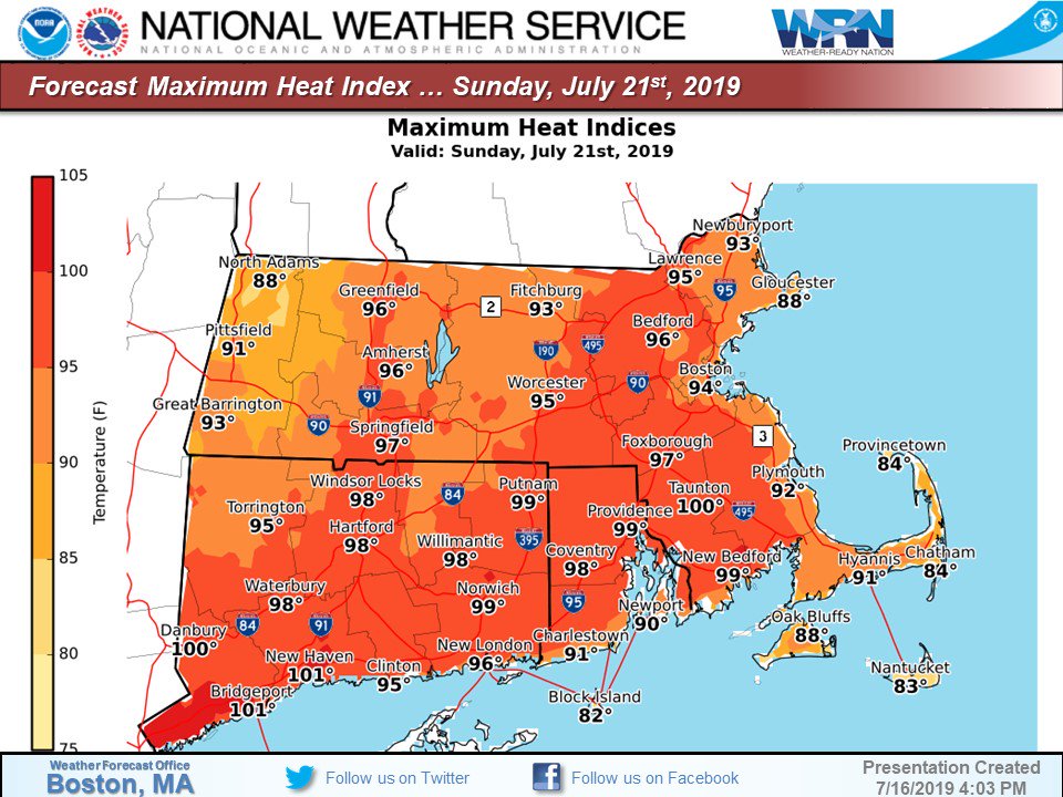 NWSBoston's tweet photo. The heat is on! 

Heat and humidity forecast Friday → Sunday. 
Highs mid 90s to triple digits. 
Heat indices 95F to 105F, locally higher.
Dewpoints around the low to mid 70s. 
Hot. Sultry. Oppressive. Be prepared. https://t.co/WlUsIPZ7dk