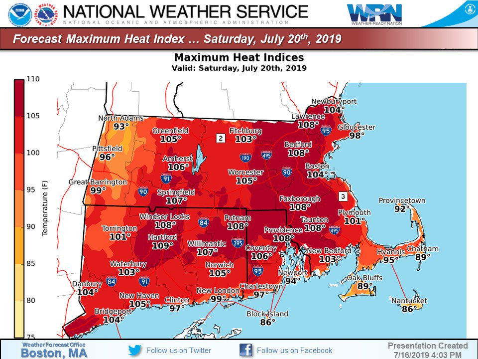 NWSBoston's tweet photo. The heat is on! 

Heat and humidity forecast Friday → Sunday. 
Highs mid 90s to triple digits. 
Heat indices 95F to 105F, locally higher.
Dewpoints around the low to mid 70s. 
Hot. Sultry. Oppressive. Be prepared. https://t.co/WlUsIPZ7dk