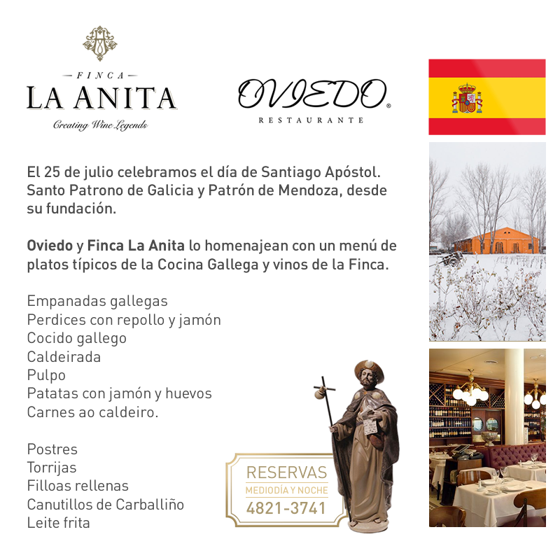 Este 25 de Julio celebramos el día de Santiago Apóstol, con una propuesta especial junto a <a href="/OviedoResto/">Restaurante Oviedo</a>, con platos típicos de la cocina gallega y nuestros vinos. ¡Los esperamos!
#fincalaanita #oviedo #patronosantiago