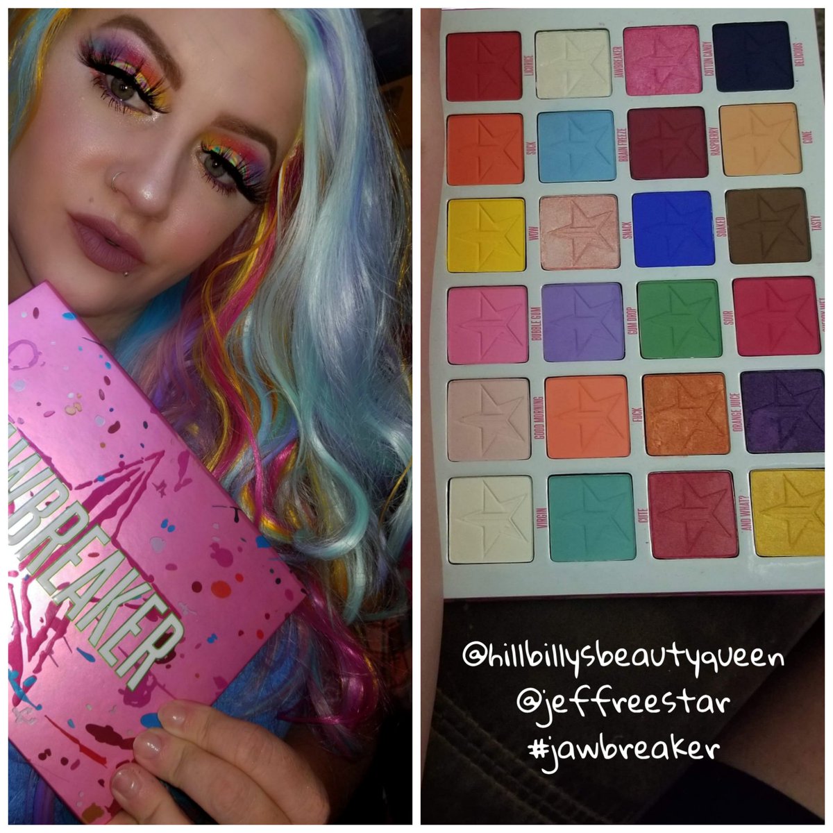 WickedlyDivin3's tweet photo. Using mostly @jeffreestar products:
#jawbreakercollection #jawbreakerpalette
#brainfreezepalette #supremefrost #diamondwet #matteliquidlipstick #Androgyny #magicstartranslucentpowder #magicstarconcealer #c10 #liquidfrost #michiganice
#JeffreeStarPRList https://t.co/SSk3rrCUSy