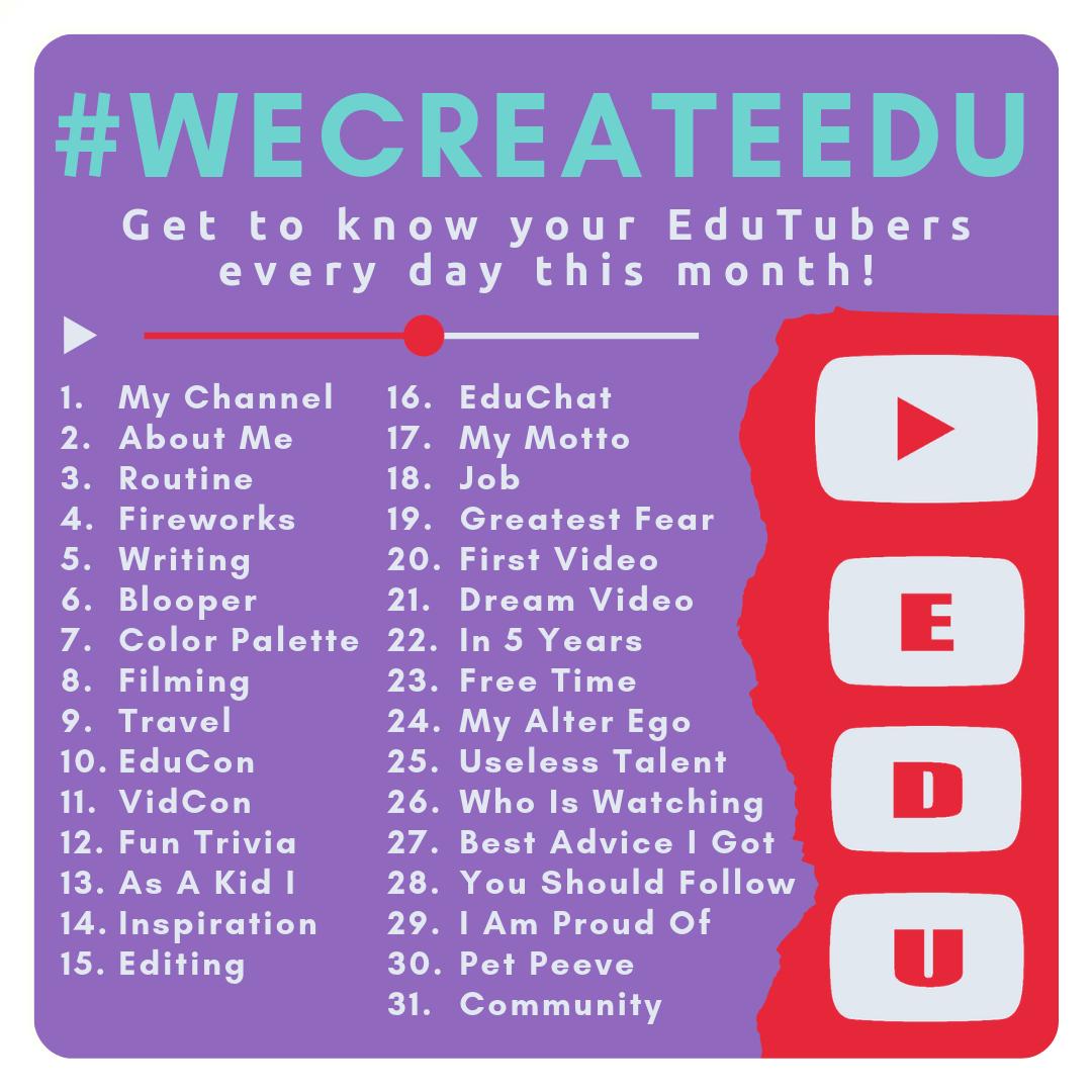 AmoebaSisters's tweet image. The #WeCreateEdu community is doing a post a day in July! Join us!
Day 16 Topic: &quot; #EduChat &quot;
Great time to mention to fellow #teachers that the @WeCreateEdu community is full of creators who make #edu videos on @YouTube! wecreateedu.wordpress.com #edtech #edutwitter #k12