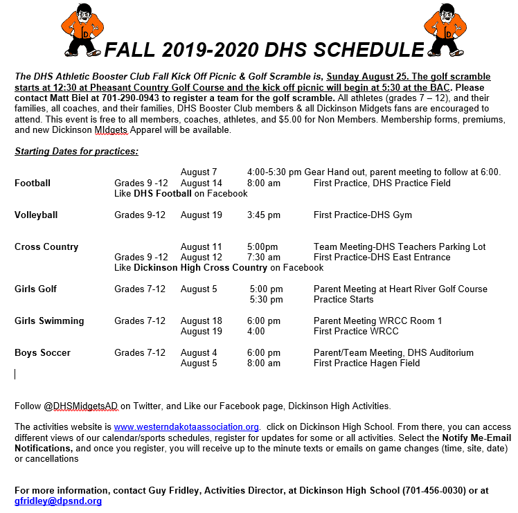 DHSMAVSAD's tweet photo. Dickinson High Athletics Fall Start Dates. Reminder that every athlete  must have a physical dated after April 15, 2019 in order to start  practicing. https://t.co/kYza43BDKD