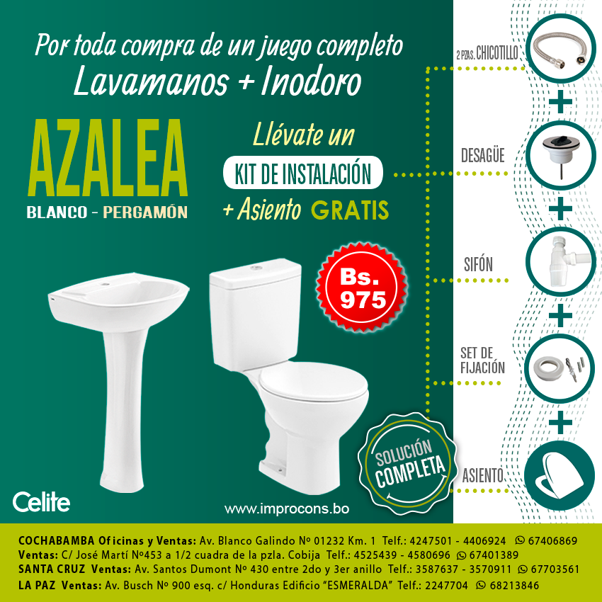 improcons's tweet photo. Por toda compra de un Juego Completo CELITE – AZALEA (Lavamanos + Inodoro) llévate un Kit de Instalación + Asiento ¡GRATIS!
Solicita información vía WhatsApp: https://t.co/v3dY4mNBEi 
Síguenos en Facebook: https://t.co/JI4cWiuAOh 
Web: https://t.co/qhquOhS7Md https://t.co/BEheAsZQsD