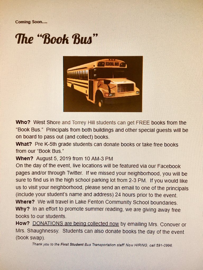 LakeFentonTHIS's tweet photo. The “Book Bus” is coming to neighborhoods near you on August 5th. Students can get free books from administrators who are traveling in neighborhoods. #Lfleads #HappySummerReading
#donatebookstoo https://t.co/vi1IrtWukh