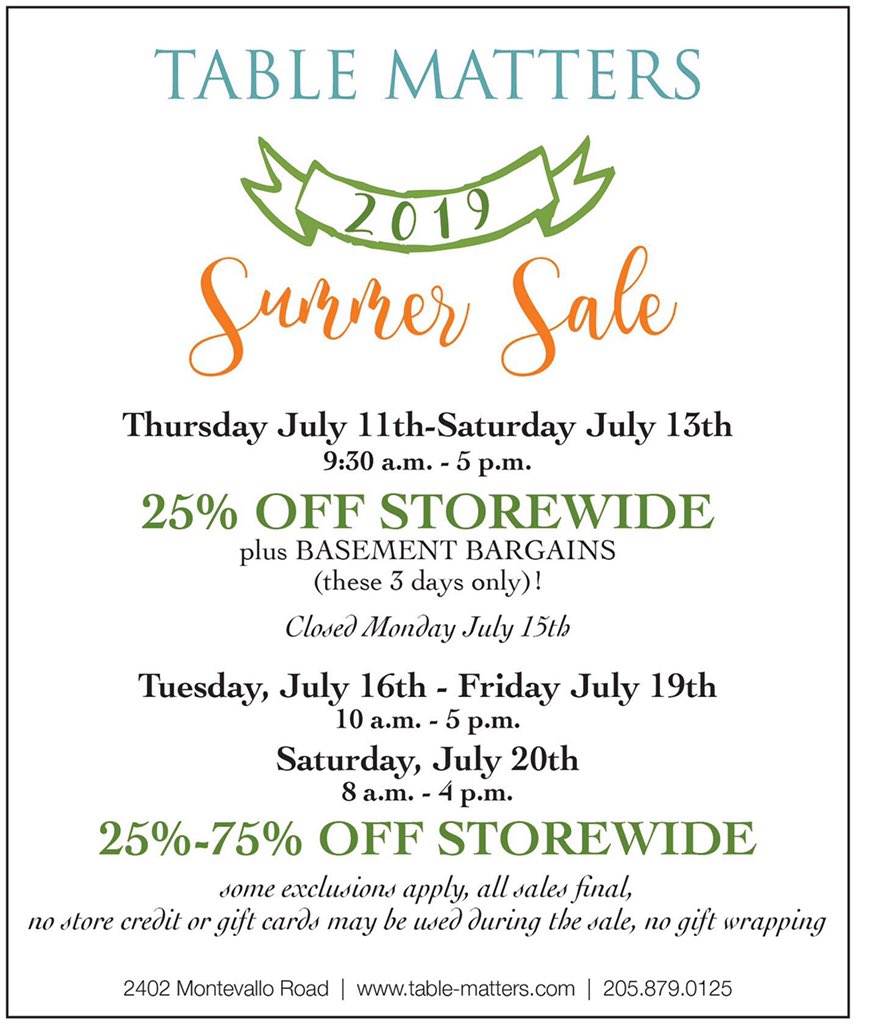 TableMatters's tweet image. It’s ON! Market Week Sale going on NOW! Lots marked 50-75% off already. Shop early for the best selection! We are open 10-5 today through Friday and 8-4 on Saturday. #sale #bham #summersale #mountainbrookvillage #marketweeksale #bargains