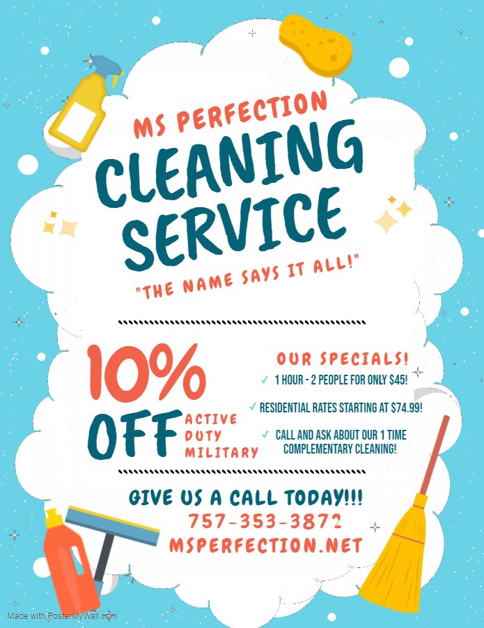 MsPerfection's tweet image. Call us today for all of your residential and commercial cleaning needs!! Don't miss out on our awesome summer specials and discounts! CALL US!!!! (757)353-3872
