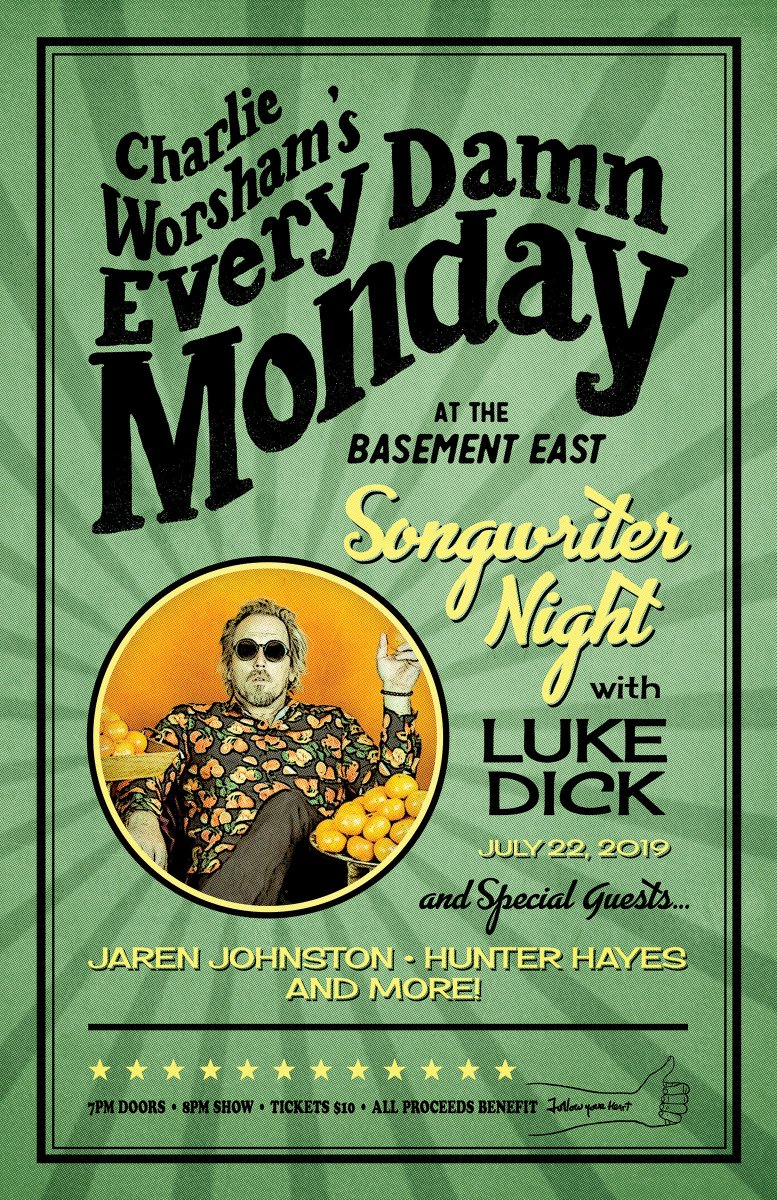 JUST ANNOUNCED! @charlieworsham #EveryDamnMonday Songwriters night ft. @lukedick, @HunterHayes & @JarenJohnston on July 22!  Tickets are on sale now!
bit.ly/2Lricmm