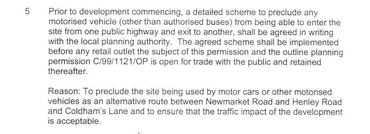 It looks as if the original planning application was C/02/0136 and a condition was attached when permission was granted requiring the prevention of motor vehicles other than authorised buses from being able to travel through the site.  https://idox.cambridge.gov.uk/online-applications/applicationDetails.do?activeTab=summary&keyVal=ZZZZZ5DXXC797  @leishman_fiona