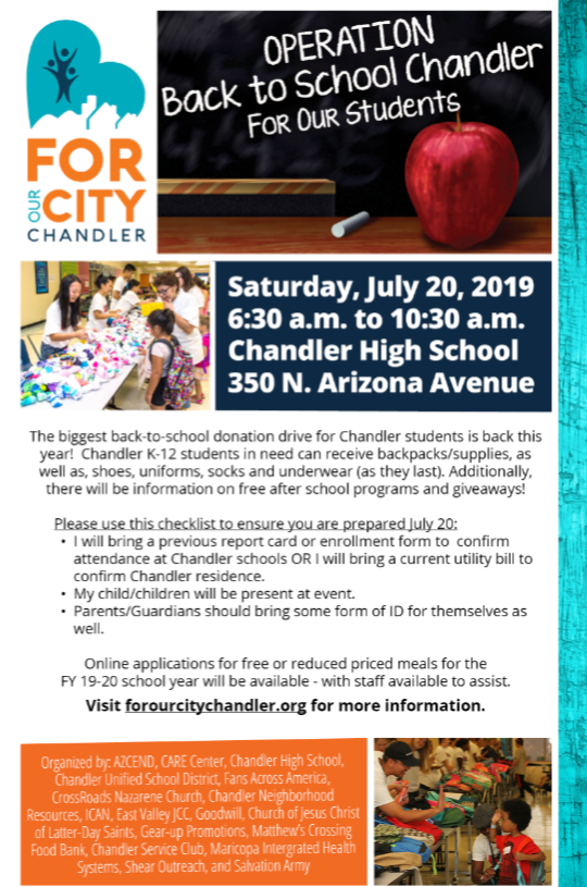 ChandlerUMC's tweet photo. Chandler K-12 students can receive FREE backpacks filled with school supplies, shoes, uniforms, socks and underwear (as they last) in addition to information on free after school programs, giveaways and prizes! #azcend #chandler https://t.co/28LC0X05Vg