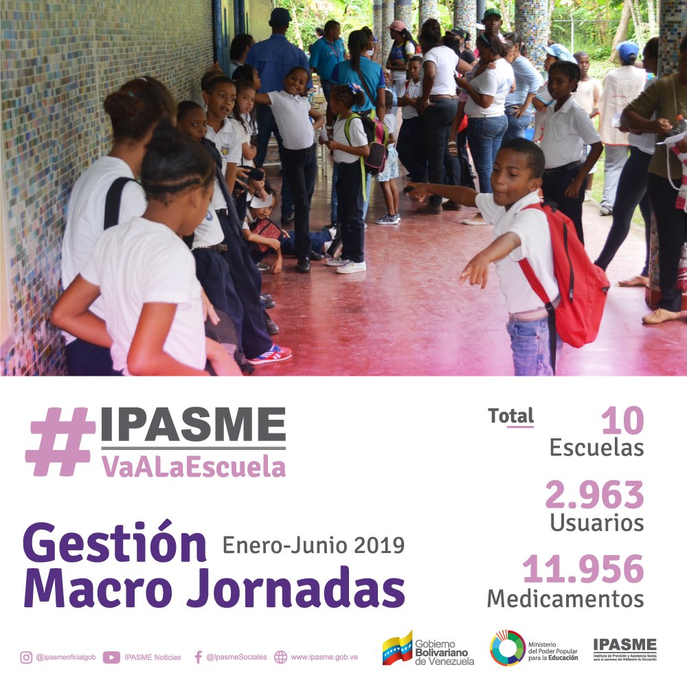 IpasmeOficial's tweet photo. Gestión de las Macro Jornadas de Enero a Junio de este 2019
IPASME va a la Escuela
#SIREC
⏩ https://t.co/xasYEnwEbx
@NicolasMaduro @psuvaristobulo @Rafaelsimonchac https://t.co/iPpnNq5FtL