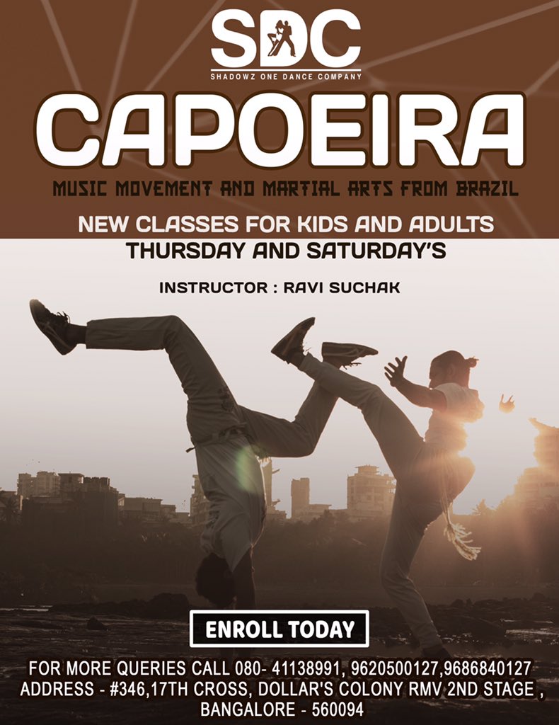 princeRamu7's tweet photo. Hi all,

*Capoeria*

Regular classes on  Thursday July 18th for Kids and Teens, Interested enroll today. 

Capoeria is a combination of movement, music,and martial arts, with fun filled sessions.....

Any queries call :- 
080-41138991, 9620500127,9686840127 https://t.co/IZT209IsYB