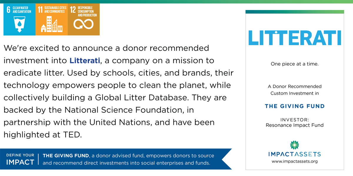 Announcing a recent donor recommended #impinv in <a href="/litterati/">Litterati</a> through the Giving Fund. The Litterati community has picked up 3,632,456 pieces of trash across the globe! 

How would you #DefineYourImpact through the Giving Fund? impactassets.org/custom-investm…
#PlasticFree #Pollution #SDG6