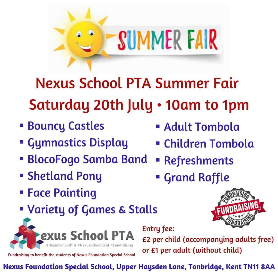 PtaNexus's tweet photo. Nexus School PTA invites you &amp; your family's to our Summer Fair Saturday 20th July 10am - 1pm. We've got a fun filled event for the whole family.We are hoping for surprise visit providing our heroes aren't called away #NexusSchoolPTA #summerfair #fundraising #tonbridge #senschool https://t.co/NLcaeUeZfb