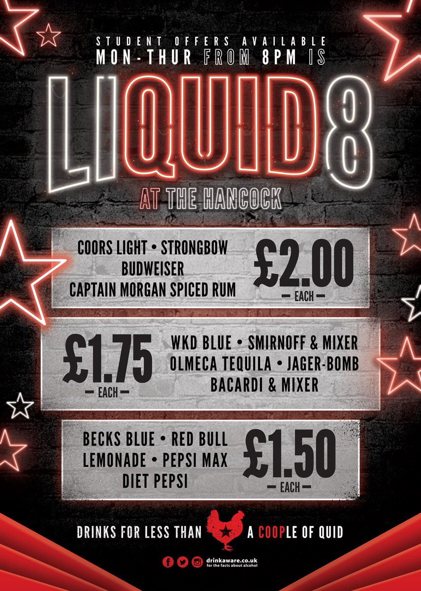 HancockPub's tweet photo. PRESENTING....An all new LIQUID8!! 😎😎😎

STUDENT OFFER ALERT!!! It’s that time of the week again folks!! It’s LIQUID8 from 8pm!! Drinks from ONLY £1.50!! 🤑🤑🤑🤑🤑🤑

#LIQUID8 #hancock #studentdiscount #studentdeals #drinksfromaCOOPleofquid https://t.co/RdRIUZm2iS