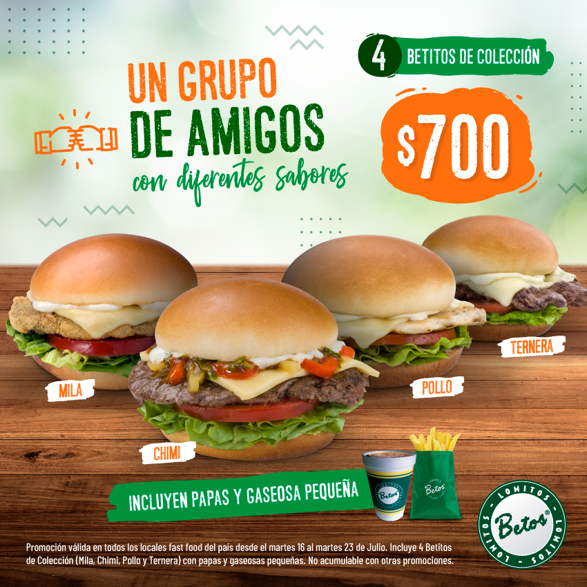betoslomitos's tweet photo. #PromoAmigos en #Betos 🙋🏻‍♀🙋🏻‍♂

Disfrutá las juntadas #QueTeGustan con esta súper promo😉

4 #Betitos de colección con papas y gaseosas pequeñas a $700😋👍🏻
¡Sii!¡Llevalos por sólo $700!🤑🎉

Promoción válida del 16 al 23 de Julio en todos los locales fast food del país. https://t.co/ruYrpUFQGD