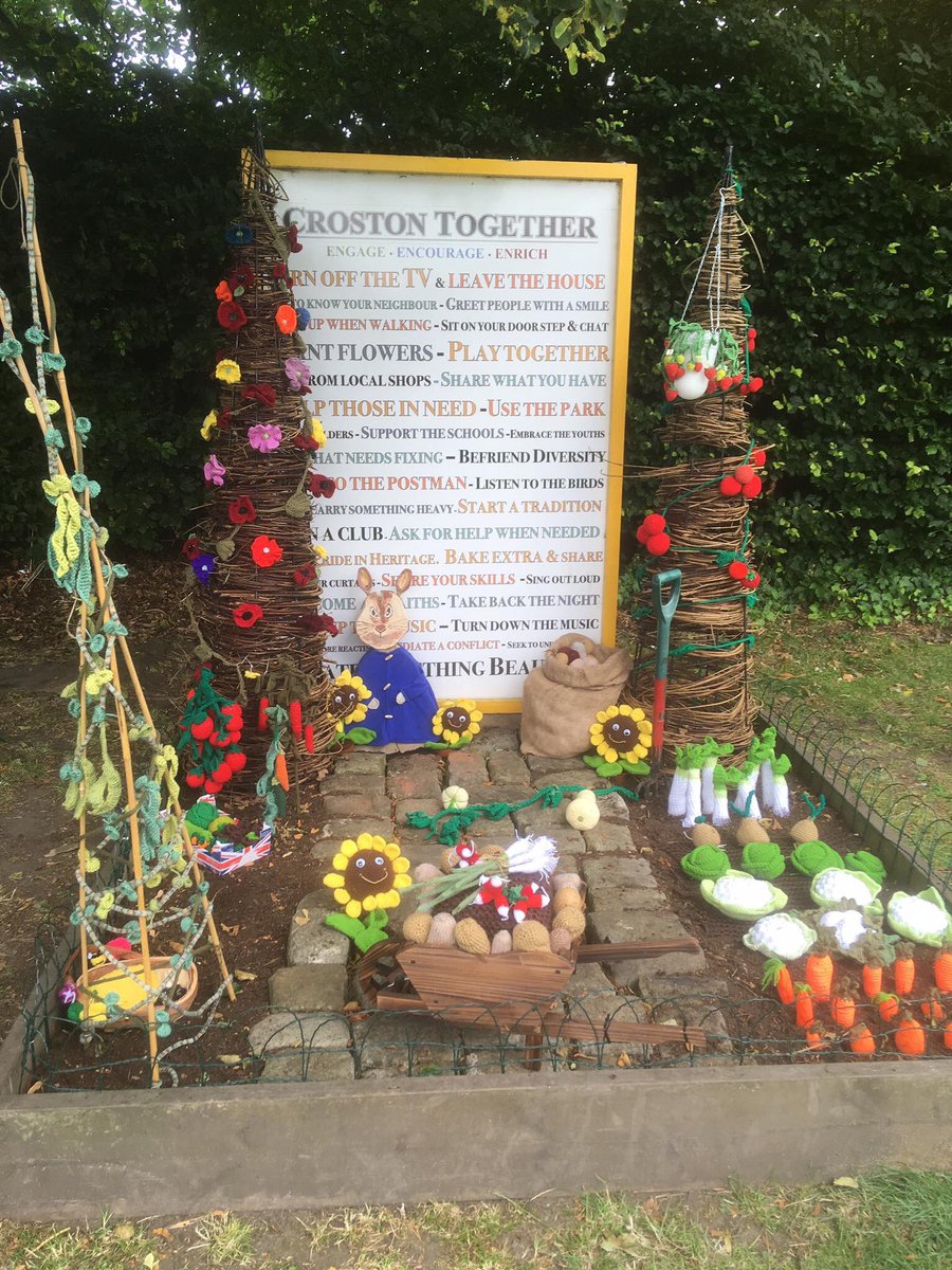 crostoninbloom's tweet photo. #bloomhour just finished our last session before judging! Had some extra helpers this year...... Croston Knitwits have created Mr McGregor’s garden.... the children have taken ownership and love it! #crostontogether #rhs #knitting #crochet https://t.co/YmE1EdNTWh