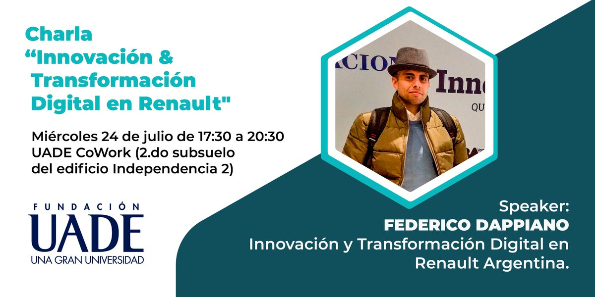 UADEoficial's tweet photo. El Centro Emprendedores UADE te invita a la Charla “Innovación & Transformación Digital en Renault” a cargo de Federico Dappiano y Diego Pucciarelli. Reservá tu lugar aquí: https://t.co/Fh9NtCQS0j
Actividad exclusiva para alumnos y graduados de la Universidad.
#UADEemprende https://t.co/f23qmKbqOL