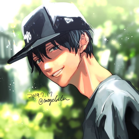 1boy male focus hat solo black hair smile looking at viewer  illustration images